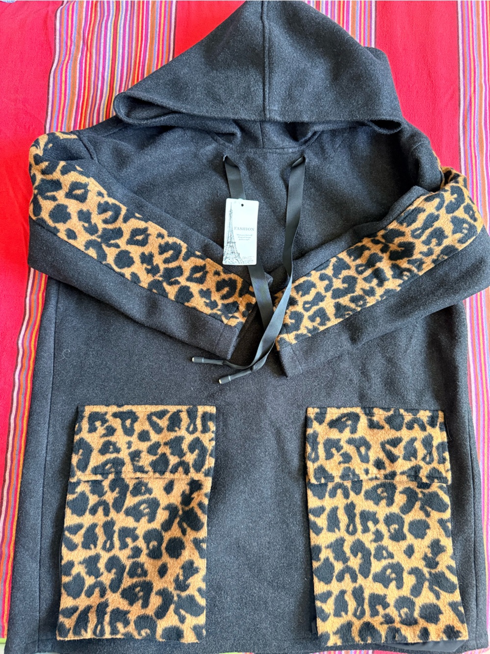 Black Cardigan with Leopard Trim